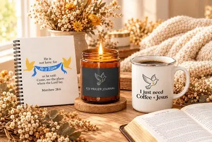 A styled tabletop scene featuring a KJV prayer journal, a lit amber glass candle jar with a black label, and an enamel mug