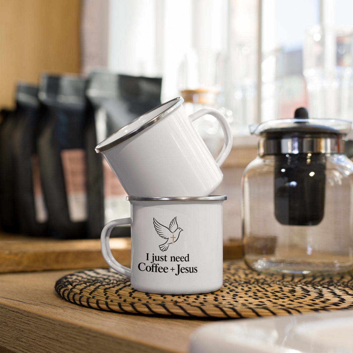 I Just Need Coffee + Jesus Enamel Mug