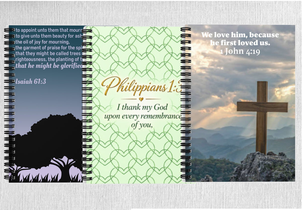 Sprial-Bound Prayer Journals, Featuring Isaiah 61:3, Philippians 1:3, and 1 John 4:19