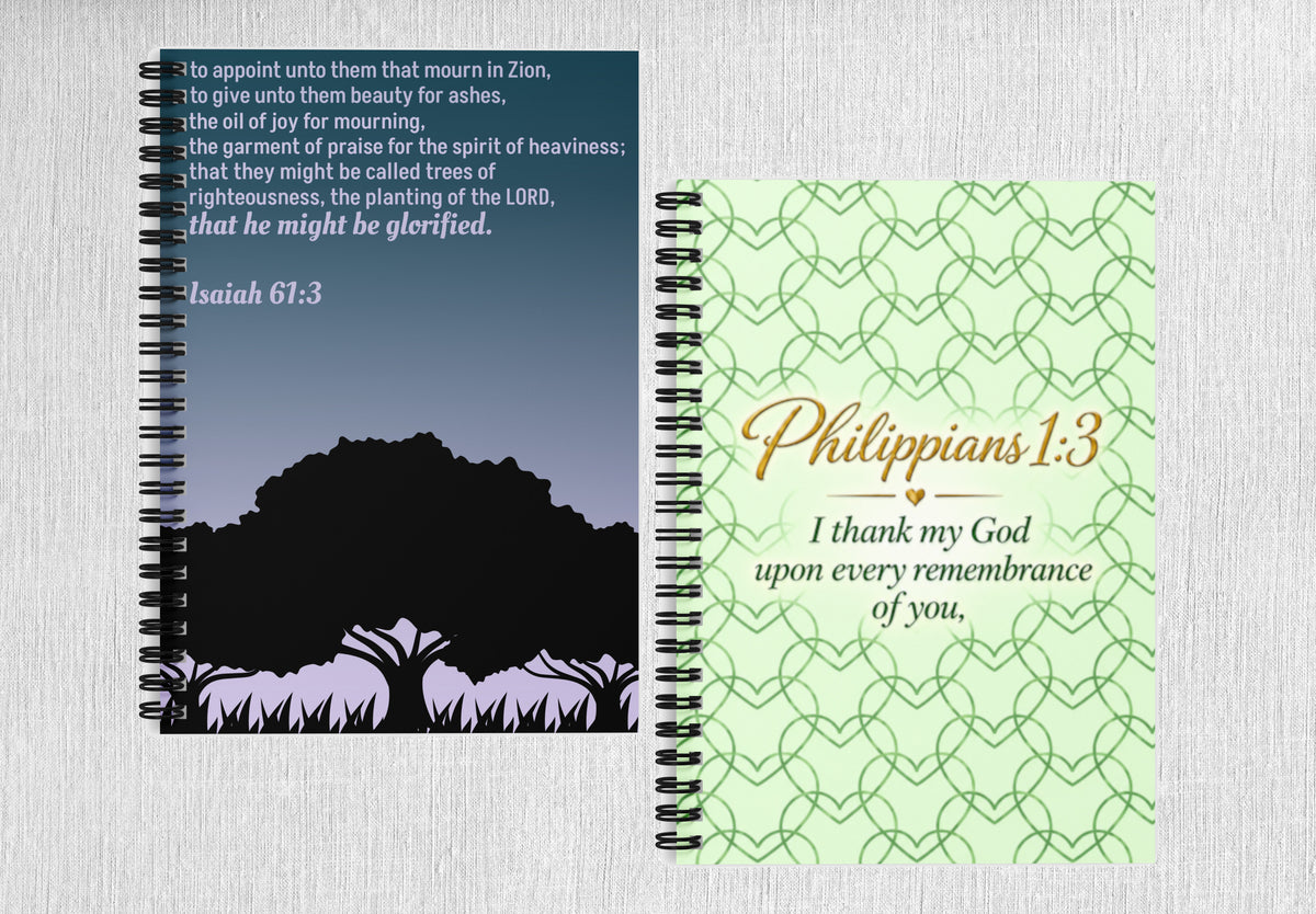 Spiral-Bound Prayer Journals, featuring Isaiah 61:3 and Philippians 1:3